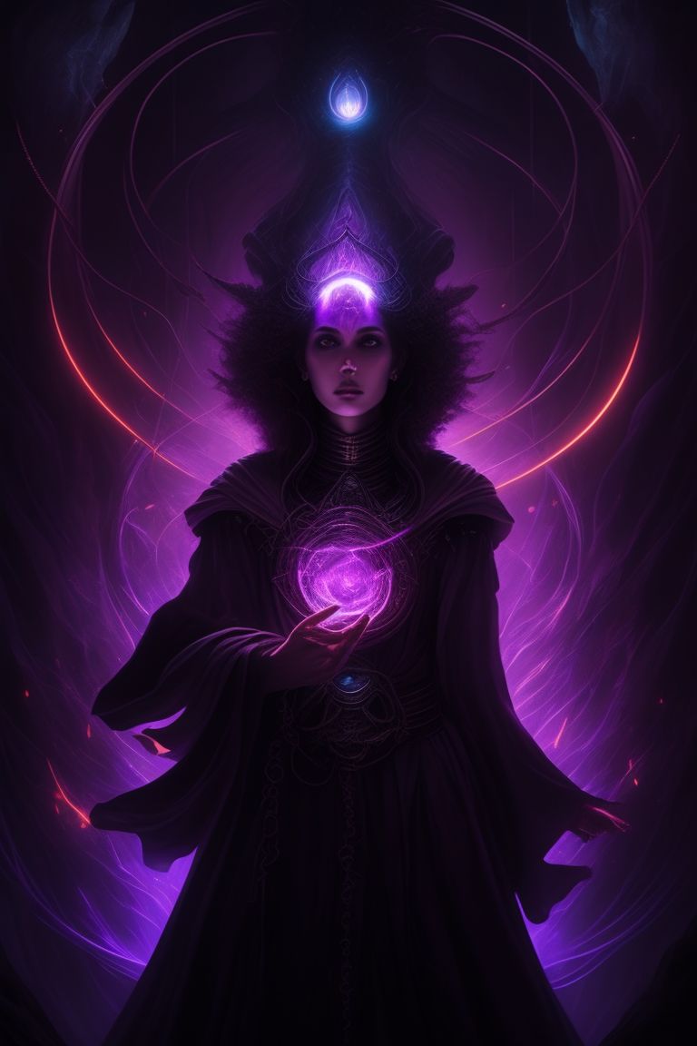 female sorcerer surrounded by dark energy, in a dark background with subtle hints of purple and orange lighting, Highly detailed, Digital painting, Artstation, Intense, Horror, Eldritch horror, Sharp focus, Dramatic pose, Lovecraftian, cosmic horror, possession, corruption, Horror art