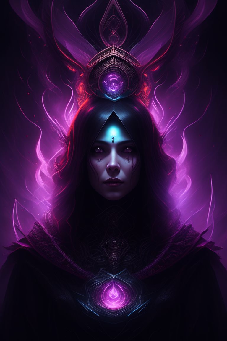female sorcerer surrounded by dark energy, in a dark background with subtle hints of purple and orange lighting, Highly detailed, Digital painting, Artstation, Intense, Horror, Eldritch horror, Sharp focus, Dramatic pose, Lovecraftian, cosmic horror, possession, corruption, Horror art