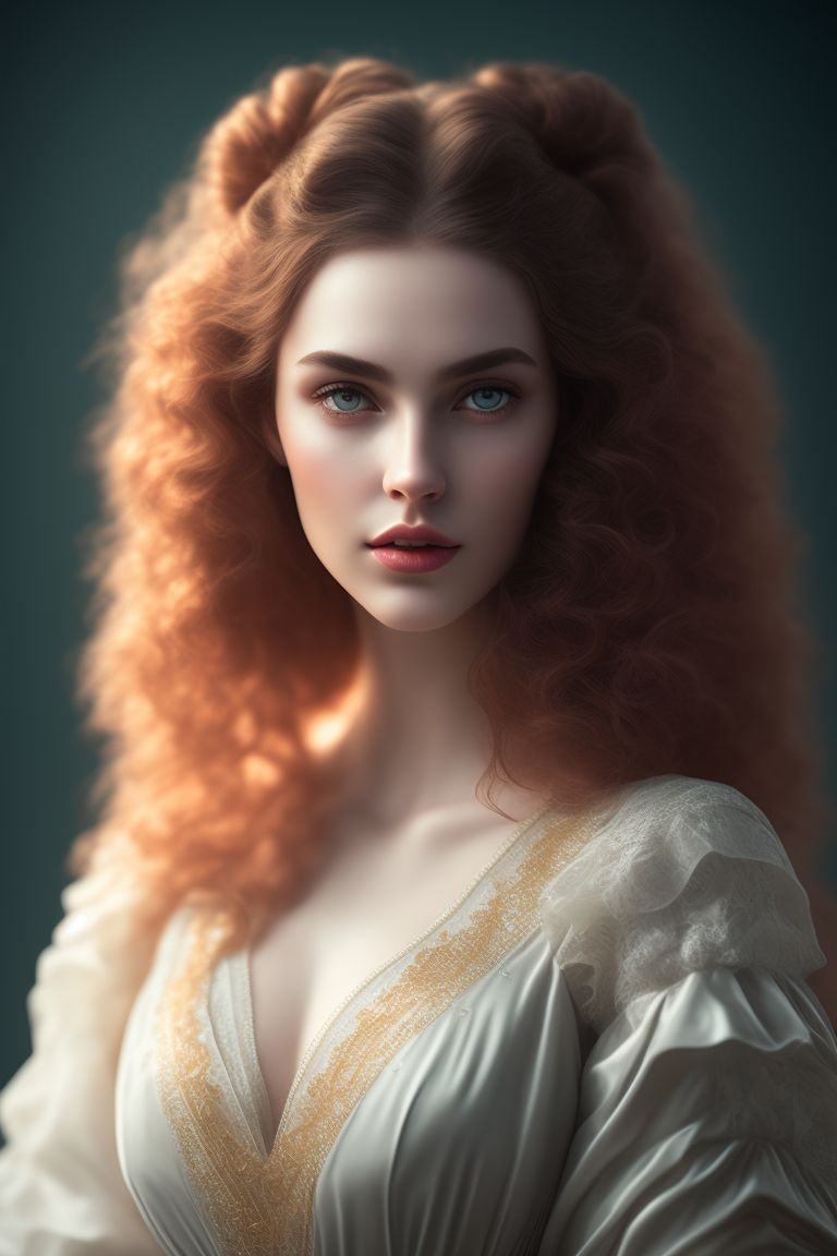Portrait, Full body, young lady woman, oval face, pale skin, long redhair with very big curls, green emerald eyes, cruled and thick lashes, plumper soft red-rose juicy lips, soft smile, soft blushy cheeks, dressed in a blue-white with gold intrincate details medieval gown with very deep V neckline, very big tear shapped bossoms, slim perfect body, Beautiful hair, Makeup, Octane render, 8k, Beautiful lighting, Golden ratio composition, by irmgard karoline becker despradel, Intricate details, lomography style, Studio lighting, Studio background, indoor shot, sony a7 iv, f1/3, dramatic shot, 16K, featured on flickr, ultra-detailed, ultra realism, Depth of field, 
