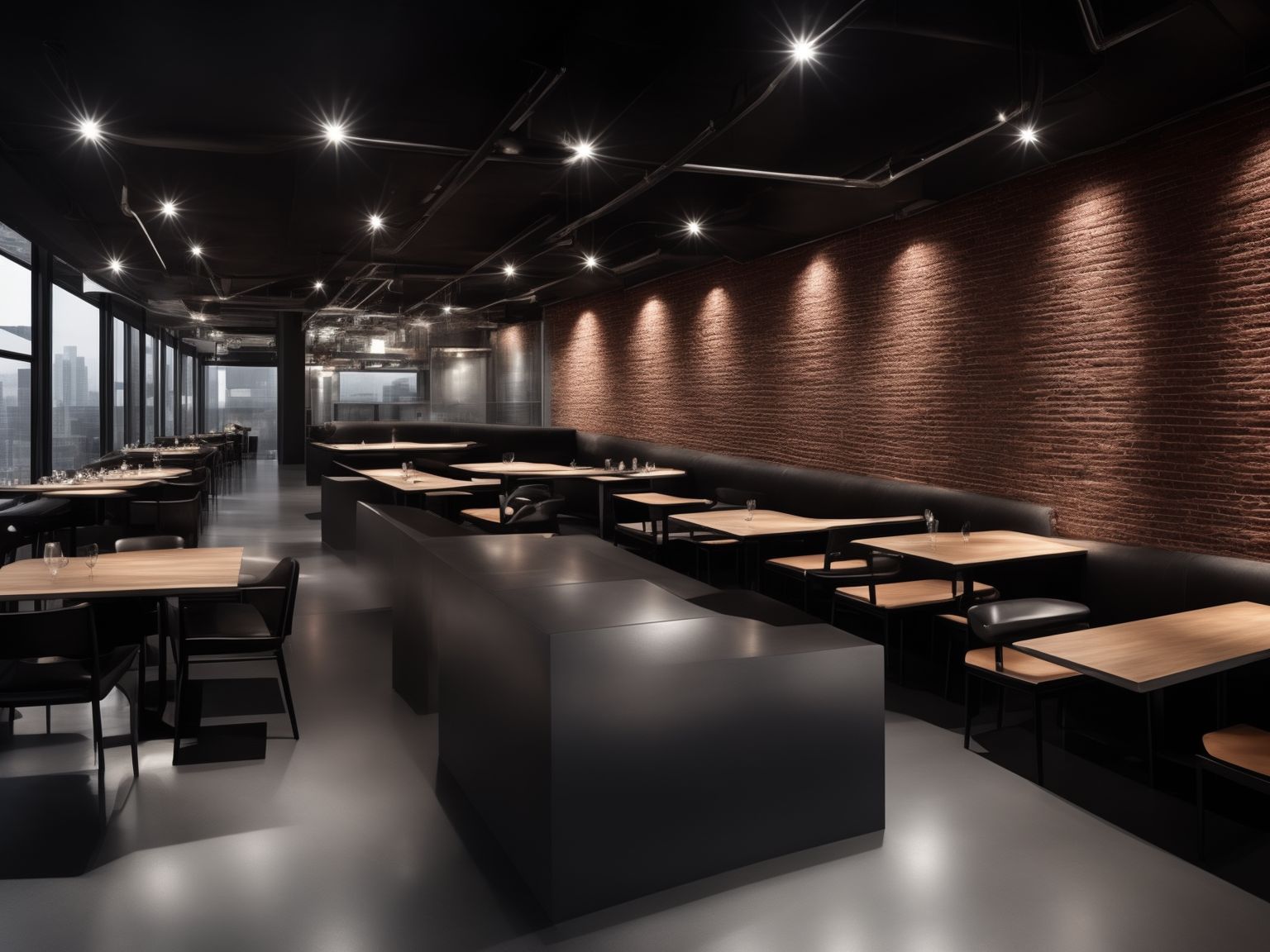 allseahorse268 Dark urban loft restaurant, brick wall, sky light