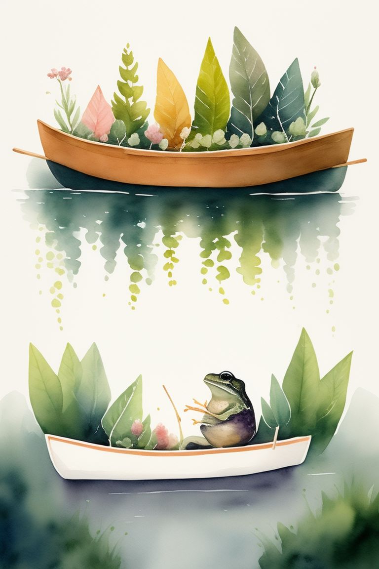 Hursty: frog sitting in a row boat, streaming light, foliage, cosy ...