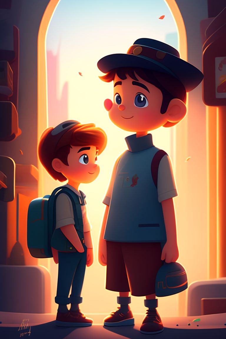 father and son standing cartoon kindle book
, Bright, Whimsical, Cute, Highly stylized, Digital illustration, art by pixar and disney, Warm lighting, trending on artstation junior.