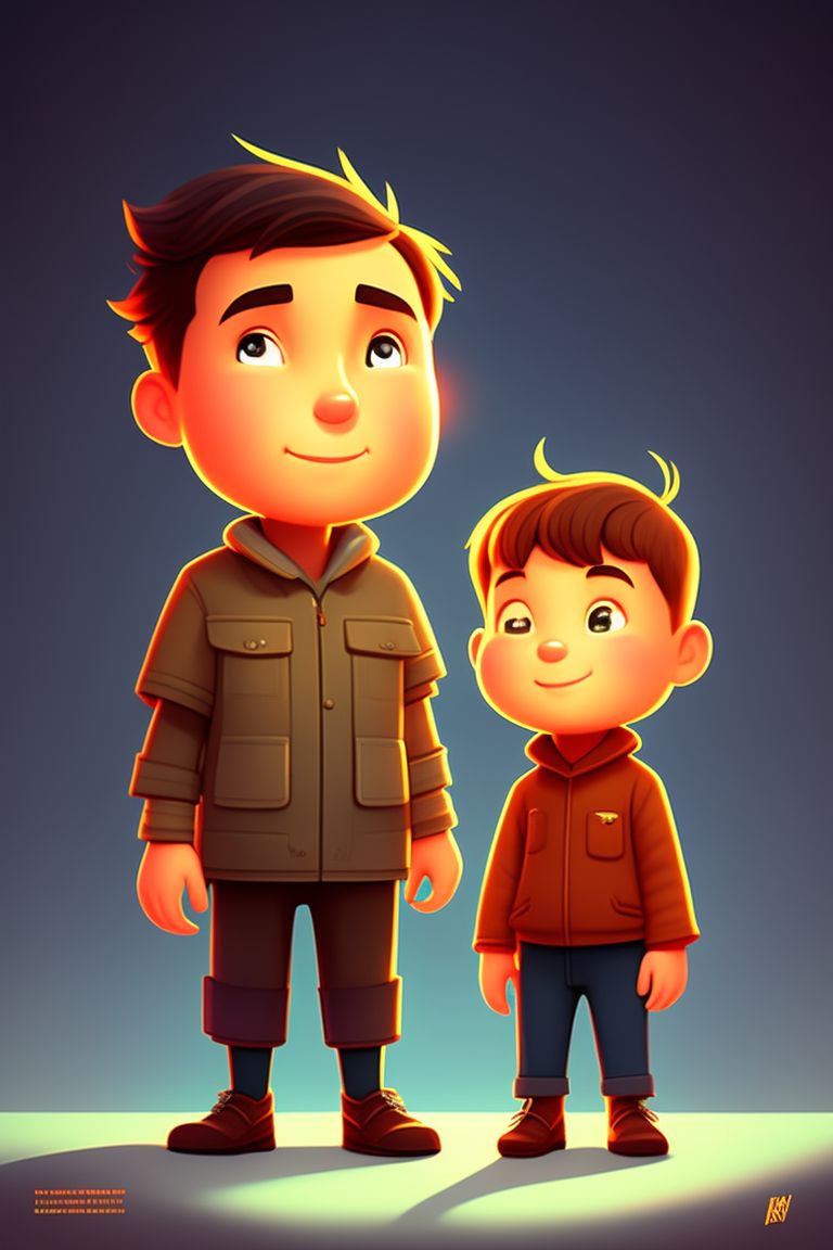 father and son standing cartoon kindle book
, Bright, Whimsical, Cute, Highly stylized, Digital illustration, art by pixar and disney, Warm lighting, trending on artstation junior.
