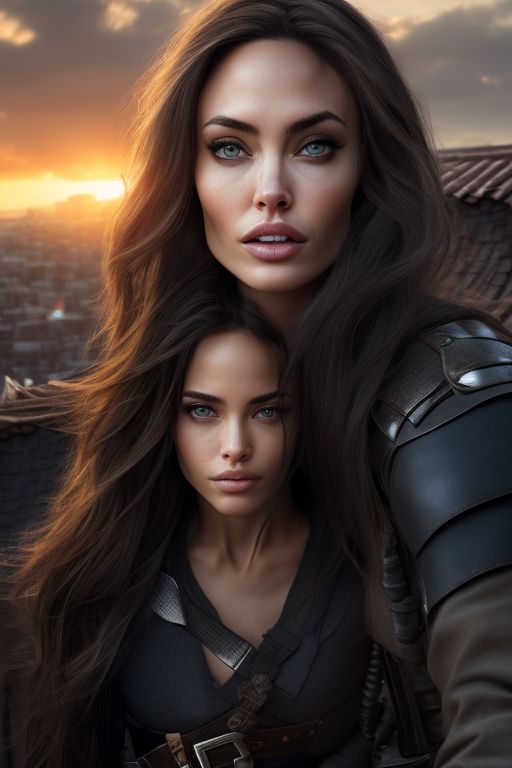 ashen hair, Crouching on a roof, 2 knives on her belt, photography taken by canon eos r5, stunning fullbody d&d character art, angelina jolie and megan fox standing high on rooftops looking down at their marked target, silver hair in a ponytail, wearing black leather armor with silver trim, two knives on belt, wears very look good outfit, standing, Detailed face, beautiful eyes and hair, flawless bright skin, soft makeup and draw thin eyebrows, Human-like eyes, good anatomy, Perfect white balance, Sun lighting, rim lighting uhd, (art by norman rockwell), prime photography, smooth crisp line quality, Gritty