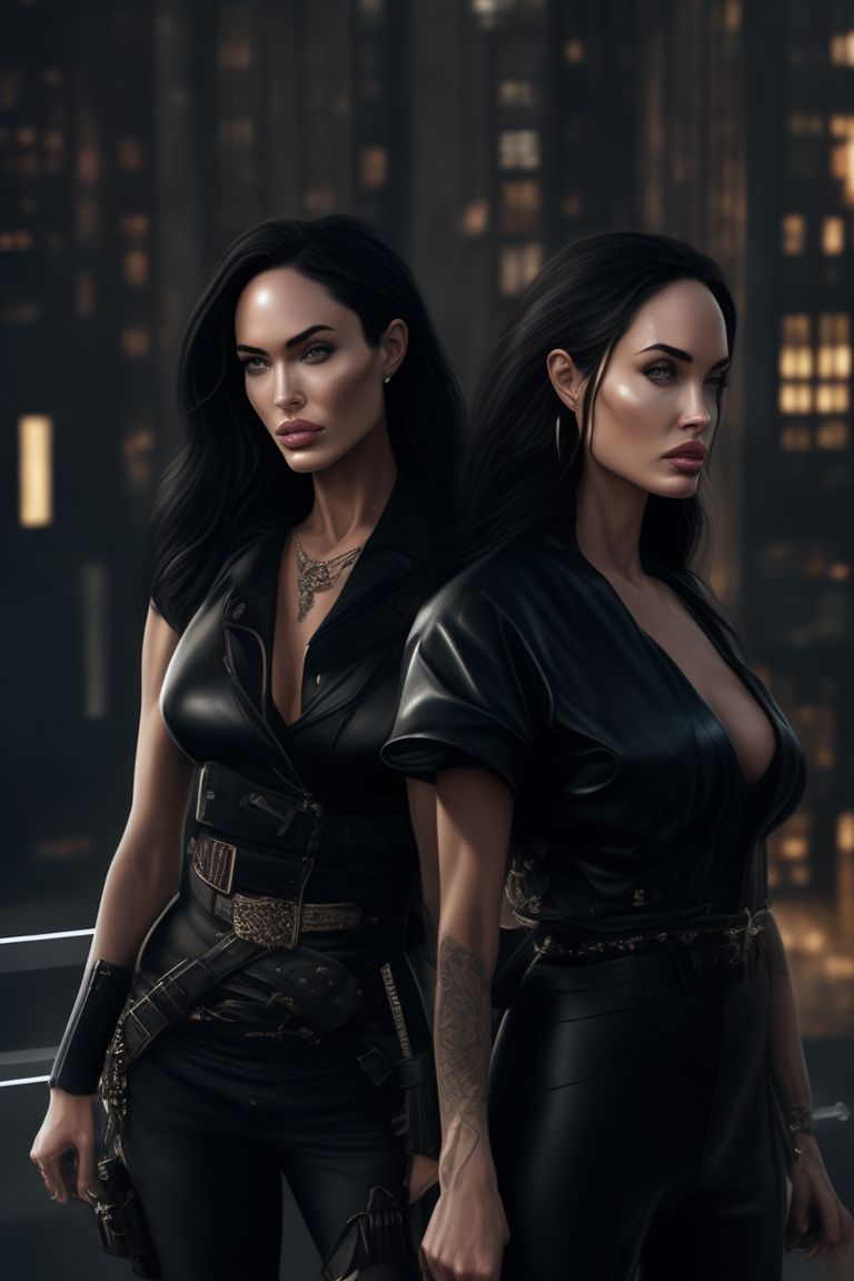 mealy-snail671: megan fox and angelina jolie standing high on the rooftops  looking at her marked target, wearing black leather armor with silver trim,  two knives on her belt