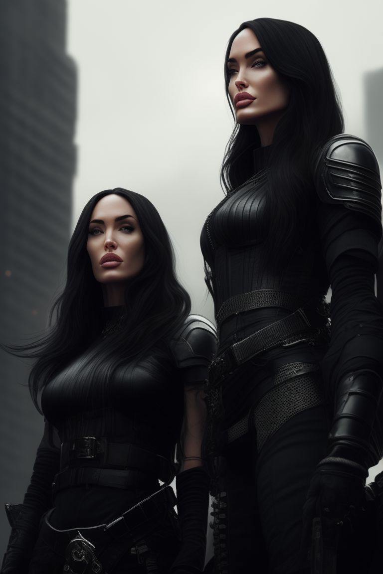 megan fox and angelina jolie standing high on the rooftops looking at her marked target, wearing black leather armor with silver trim, two knives on her belt, wearing designer clothes and expensive jewelry, staring out the tinted windows at the bustling city nightlife, Moody, Dark lighting, Highly detailed, Digital painting, Artstation, Portrait, art by sam yang and alex ross, Cinematic, Sharp focus.