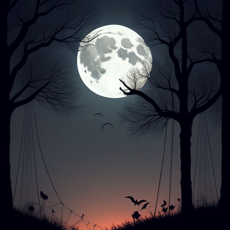 hangman game background, with a full moon and tree silhouettes in the distance, intricate details on the ropes and noose, Highly detailed, Digital painting, Artstation, Concept art, Sharp focus, Illustration, inspired by tim burton's aesthetic, with a halloween-inspired color palette.