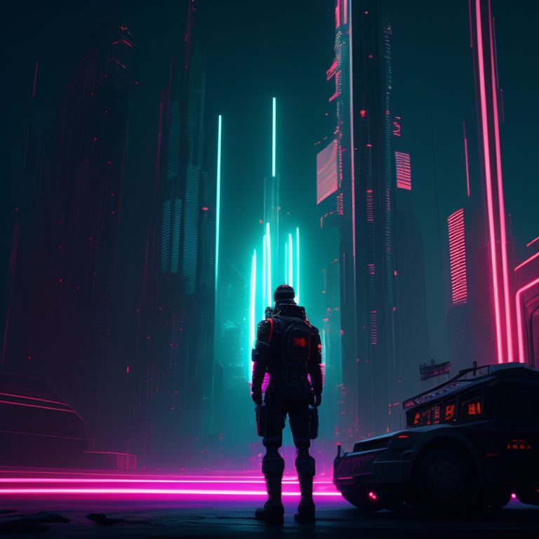 male world hero , robotic digger guard amidst a glowing, futuristic cityscape, Moody, neon lighting casting deep shadows on the guard's sharp edges, Intricately detailed, with a cyberpunk aesthetic. digital painting by artists known for their sci-fi work on artstation, such as simon stalenhag or maciej kuciara.
