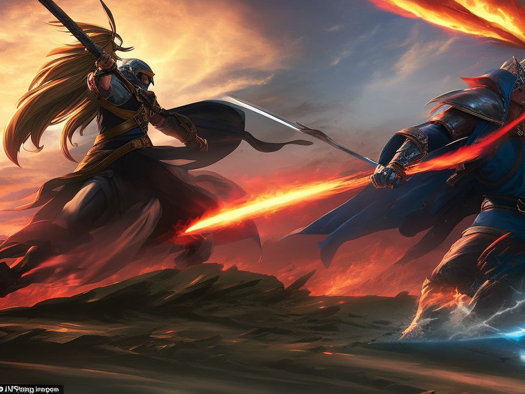 creepy-rook545: Create a digital painting-style scene art featuring the  character Malenia from Elden Ring engaged in a fierce battle with Radahn  under a deep blue and red sky.