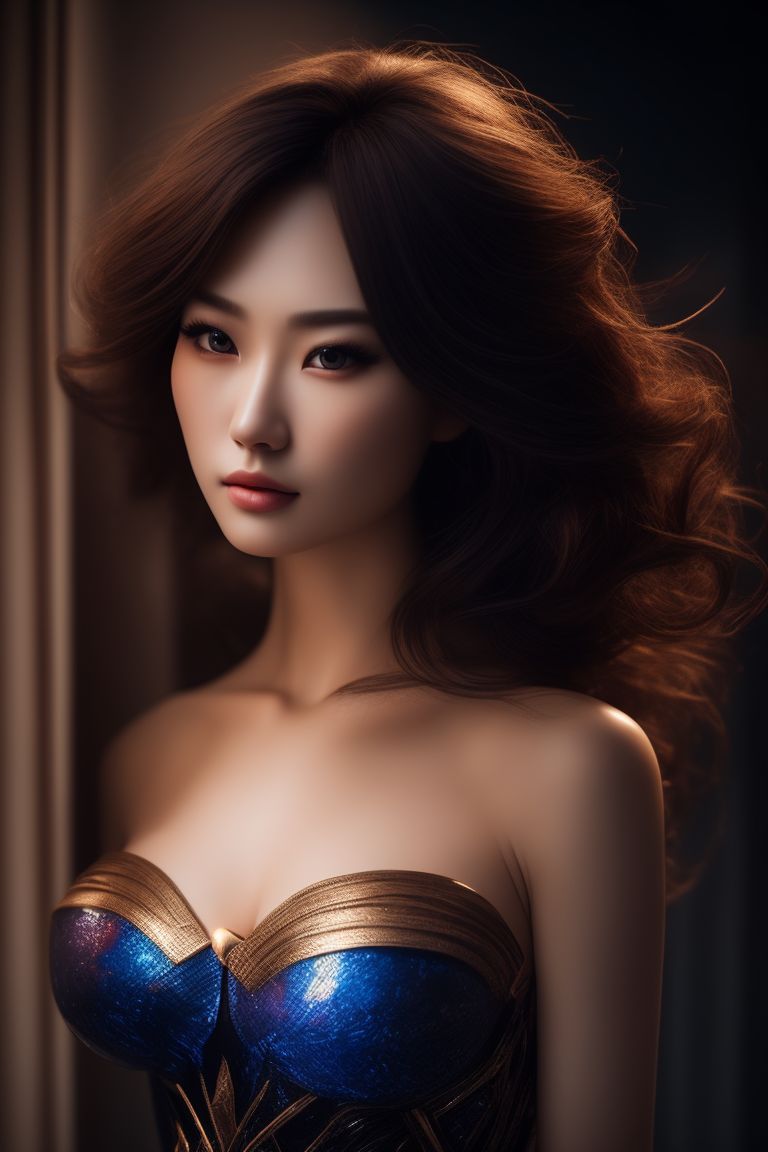 clam-shell857: centered, full body, portrait photo of beautiful yua mikami  as wonder woman, cleavage, smooth skin texture, red light behind model on  the right, blue light behind model on the left, by