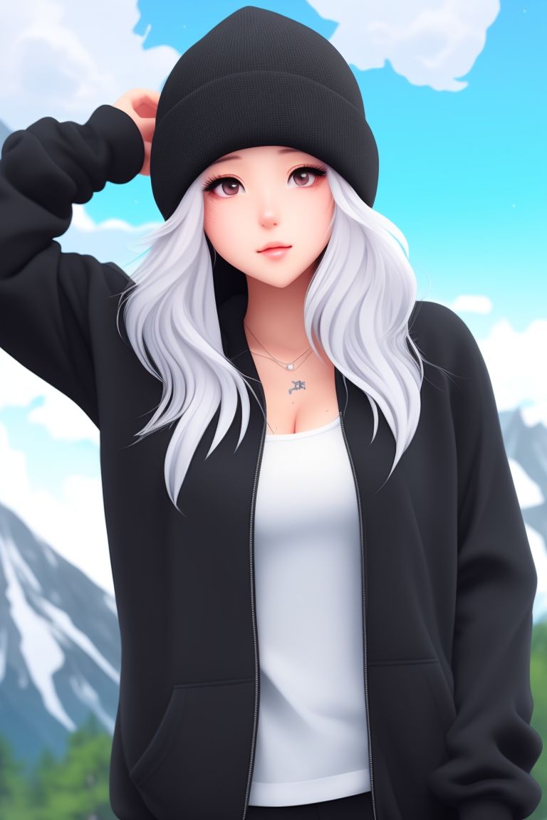 AnmataJensu: Thick juicy thighs, Massive breast ,Short girl, Long White  hair, Black hoodie, Gray beanie