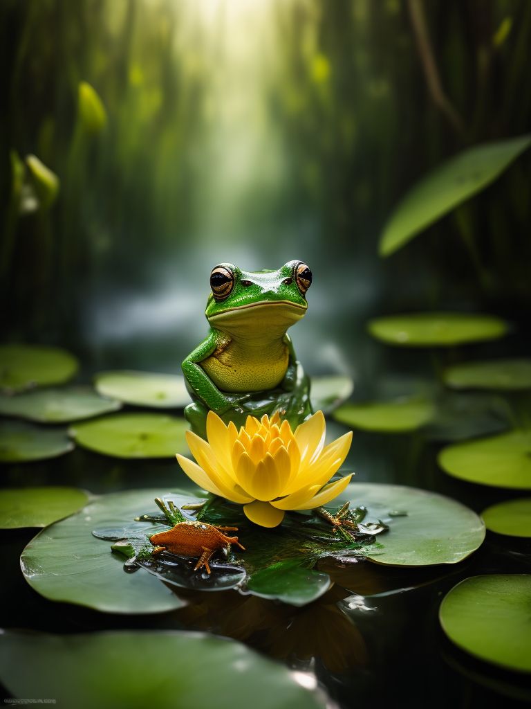Green glass frog sitting on Lily Pad over blue water background,  hand-sculpted glass