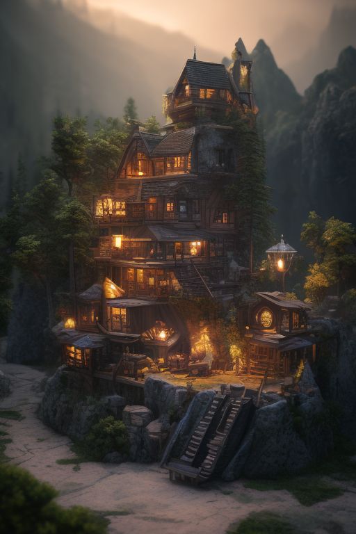 DanteHaiwindo: A starlit fantasy village built on the side of a mountain