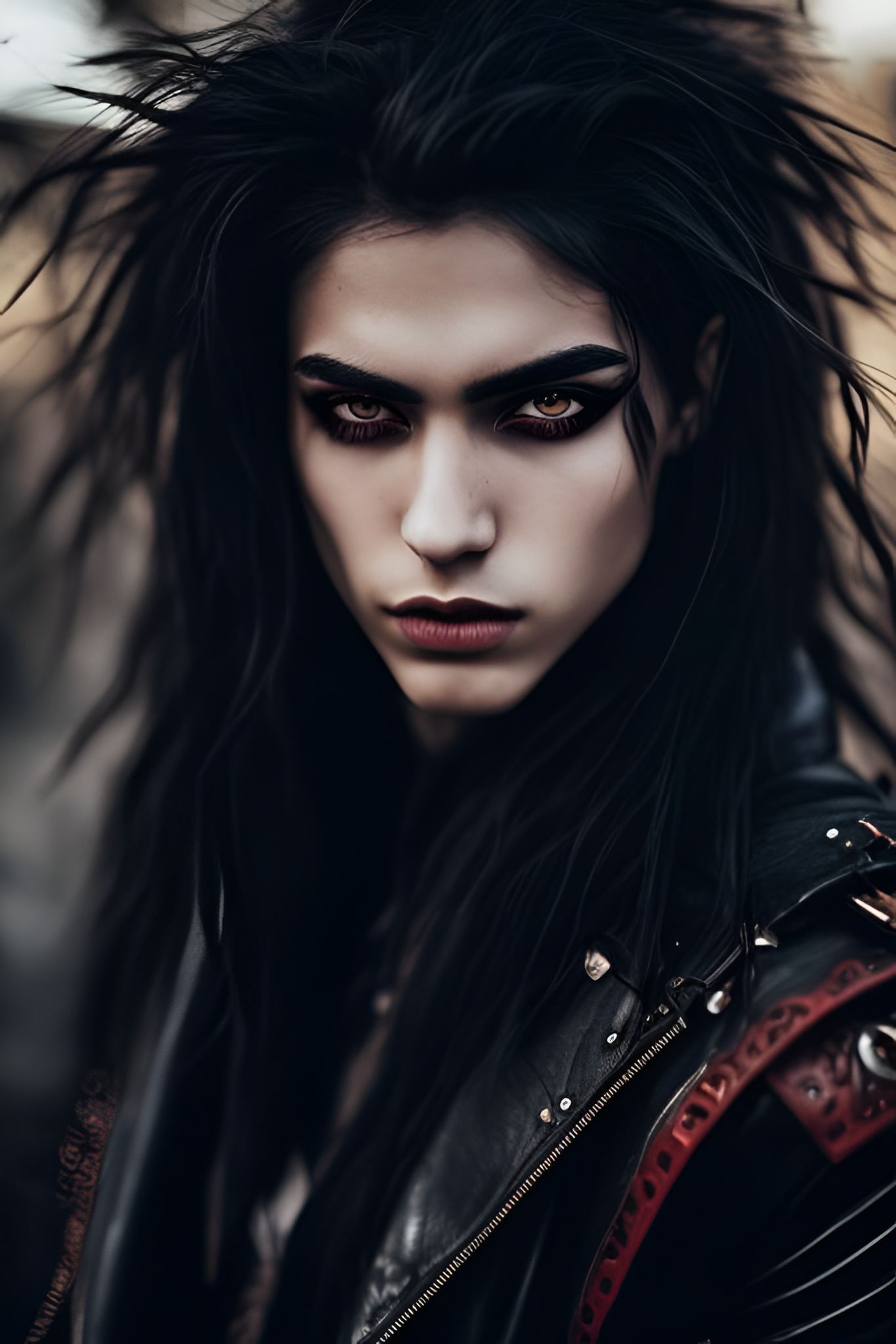 Gritty, a stunning photography, e-book, vampire warrior man, long black wavy hair, The Underworld theme, sharp focus on his black beard, goth, cyberpunk, steampunk, pale face smooth, symetric and detailed red eyes, full body, he is wearing a dark leather detailed coat, photograpy style, highest detailed, 8k, 4k, portrait, masterpiece, hyper detailed, in a professional photographer, long sidecut, hairstyle looks good, emphasizing bright eyes, natural skin texture, plump lips, and round almond shaped eyes, Sunlight, Skin pores, Weathered, photography taken with a 50mm prime lens, beautiful backgrounds from pexels