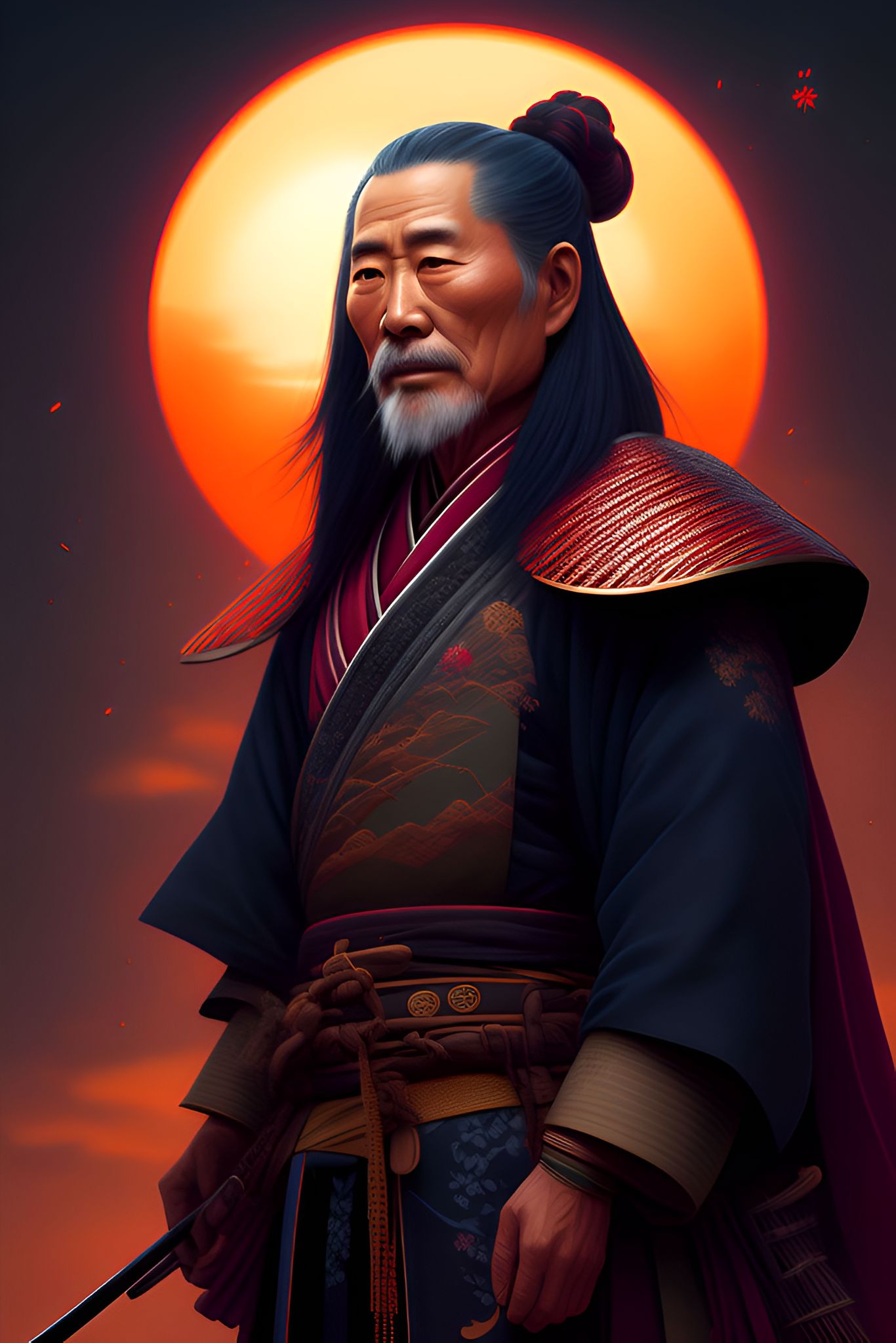 MF: old samurai, wisdom, Japanese sunset, half body