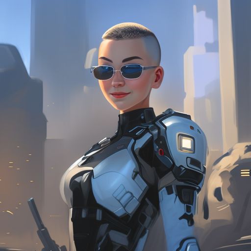 Digital art, female soldier, short black hair, mech suit, 20 years old, Long face, Cyborg, Futuristic, City background, buzz cut, Smiling, blue sky, Caucasian, brunette