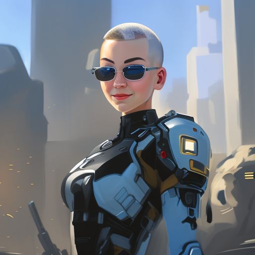 Digital art, female soldier, buzz cut, short black hair, mech suit, 20 years old, Long face, Cyborg, Futuristic, City background, Smiling, blue sky, Caucasian, brunette
