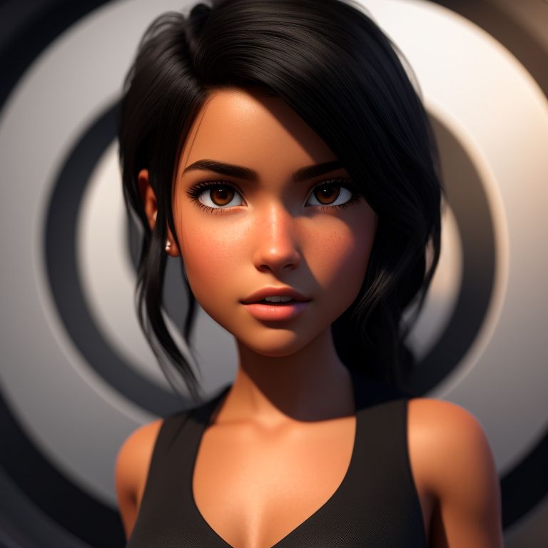standing centered, Pixar style, 3d style, disney style, 8k, Beautiful, Bianca is a daring young girl akin to Lara Croft, with short, jet-black hair, piercing gaze, sharp nose., 3D style rendered in 8k using beautiful Disney like animation