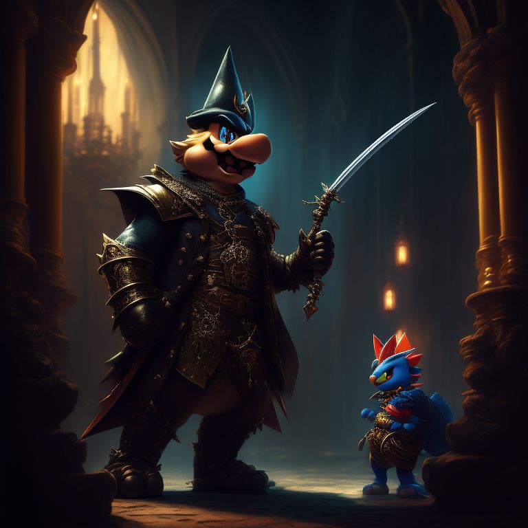 Larry koopa from super mario, in a gothic castle, menacingly holding his wand and ready to strike, with dark, Moody lighting, Intricate details, Digital painting, art by ruan jia and artgerm, Sharp focus, trending on artstation.