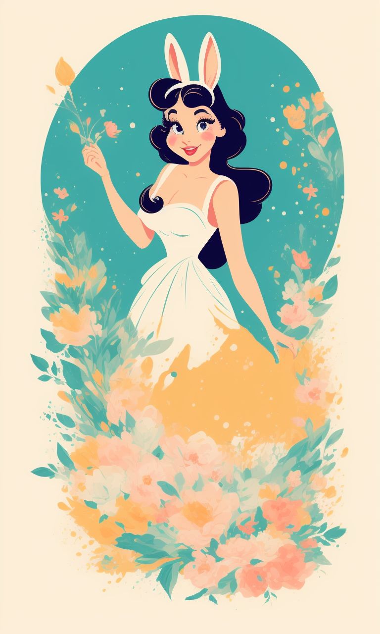 KOPF-KI-NO: A super cute vector art bunny ear attractive woman  ((anthropomorphic old disney style)), solo, Masterpiece Illustration,  gouache, splash art background, muted colors. cinestill