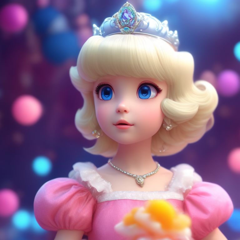 Princess, Peach’s Younger Sister, Periwinkle, Princess Dress, Ruffles, White Gloves, Blonde Hair, Short Hair, Blue Eyes, Silver Crown. Nintendo, Video Game, Official Art, Mushroom Kingdom, Super Marios Brother Movies, Young Girl, Artstation, Render, 16K, 16k resolution, 2k resolution, Bright saturated colors, Bright colors