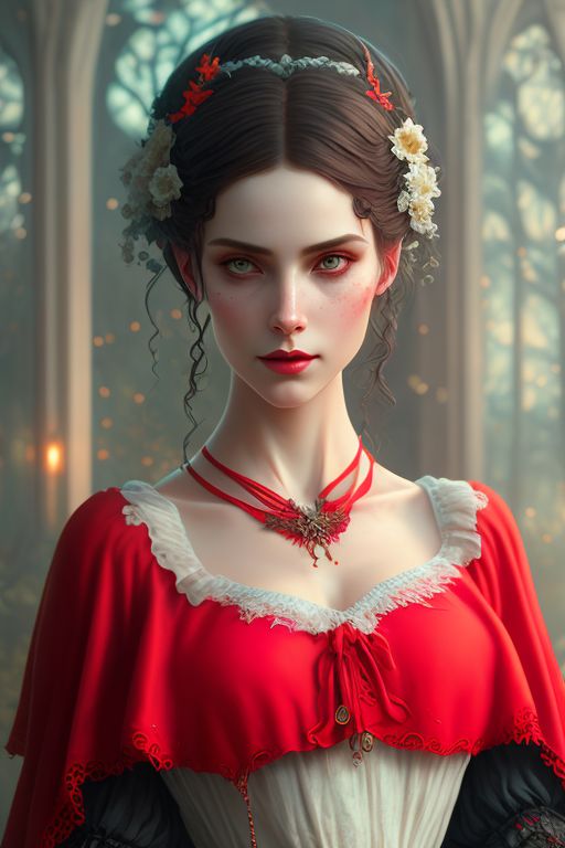 Jaya_Hess: Little Red Riding Hood dark fantasy, portrait, young female,  highly detailed face, gothic vampire snow white, wearing black and red  lace, intricate dress, Victorian, high res, Sony A7R IV, art by