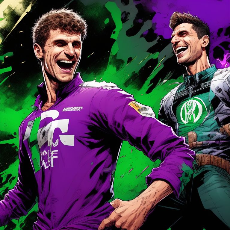 thomas muller laughing wearing purple and green shirt taking action with fullbody view, in action, striking a pose, Highly detailed, vibrant color palette, comic book style, Dynamic lighting, art by sanford greene and olivier coipel and leinil francis yu and humberto ramos, Trending on artstation and deviantart, Outlined line art
