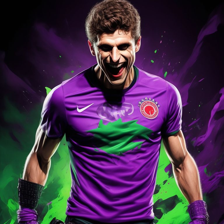 thomas muller laughing wearing purple and green joker shirt taking action with fullbody view, in action, striking a pose, Highly detailed, vibrant color palette, comic book style, Dynamic lighting, art by sanford greene and olivier coipel and leinil francis yu and humberto ramos, Trending on artstation and deviantart, Outlined line art