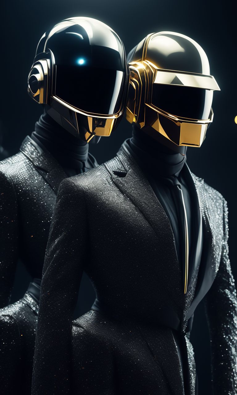 decent-tapir413: 3 daft punk men in futuristic suit black color, sitting in  a futurist fashion show. hyper realistic, ultra realistic, 8k, concept art,  no face and gold eyes