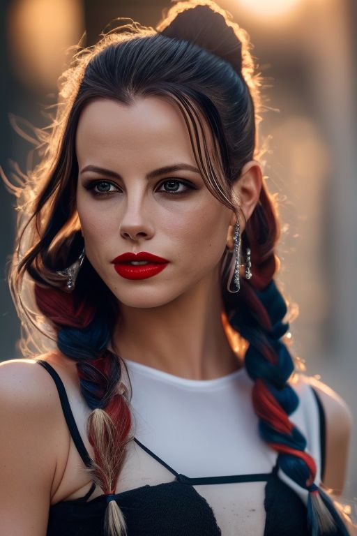 Naglauamorda: Analog style Harley Quinn Kate Beckinsale, face, 8k, very  clear, (loose pigtails) large perfect neckline((very dark eye shadow)),  portrait, detailed face, complex, pale skin, (smudged lipstick), elegant,  sharp focus, soft lighting