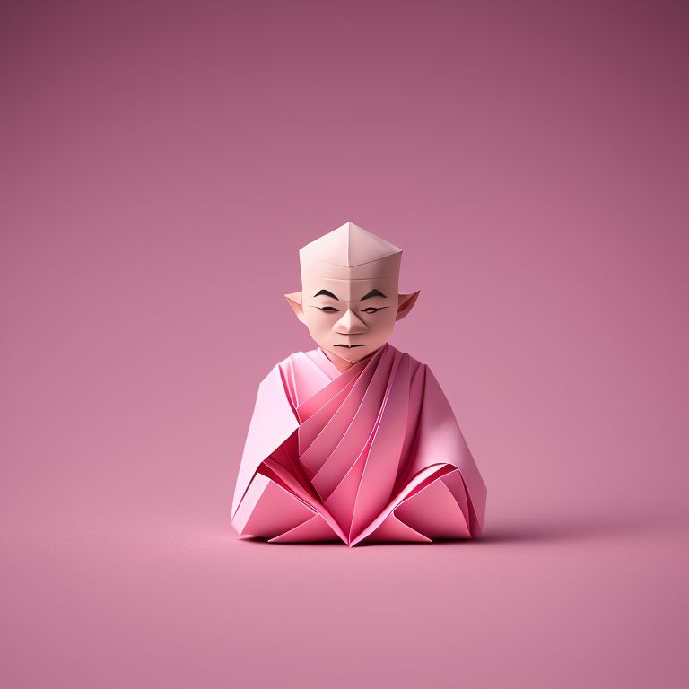 Cute, Miniature, 3D, Paper folding, Thai monk , 3d render, Minimalistic, Smooth edges, Realistic details, Octane render, Close up, Depth of field, Middle shot, pastel pink background, high definition quality, Sigma lens, 8k, Origami