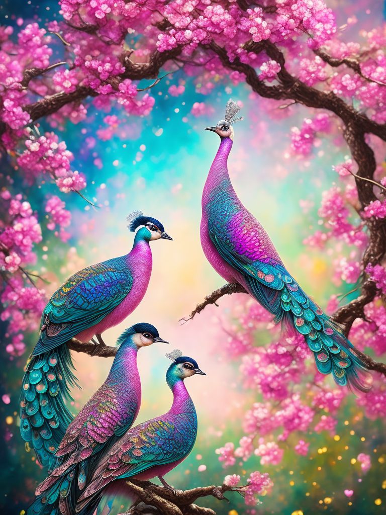 MANTIO.eu: two peacocks sitting in a heart shaped tree with pink blossoms