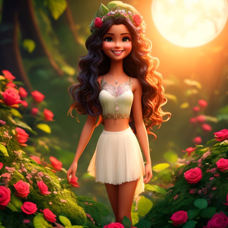 offbeat-ape904: Beautiful Forest fairy smiling, Brazil face, roses in the  background, full body, wavy long hair, caramel skin