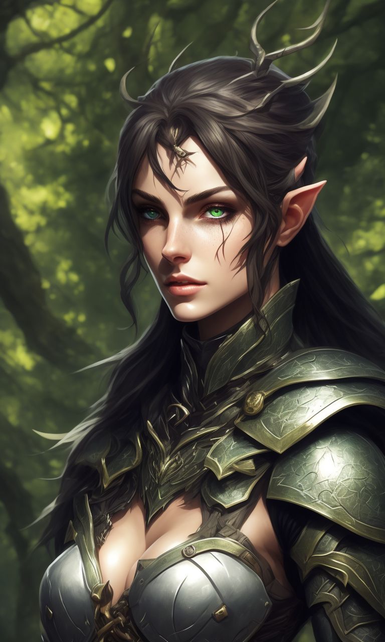 Green eyes, intense gaze, black armor with green details, Elf ears, in action, striking a pose, surrounded by vines, Forest background, stunning fullbody d&d character art, A female wood elf hunter wearing leather armor, fighting a goblin, fullbody view, wears very look good outfit, standing, Detailed face, beautiful eyes and hair, flawless bright skin, soft makeup and draw thin eyebrows, Human-like eyes, good anatomy, Perfect white balance, Sun lighting, rim lighting uhd, (art by norman rockwell), smooth crisp line quality, Dappled sunlight, Glittering, Magic, Gritty