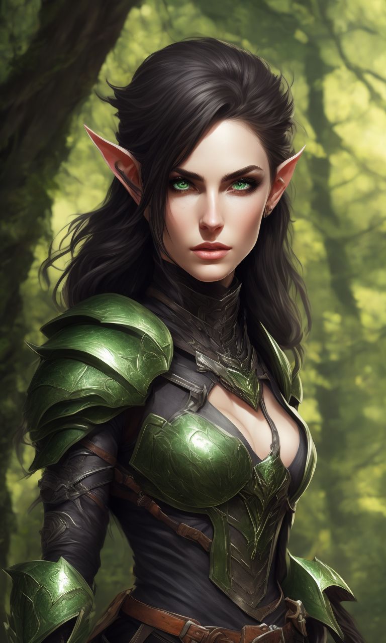 Green eyes, intense gaze, black armor with green details, Elf ears, in action, striking a pose, surrounded by vines, Forest background, stunning fullbody d&d character art, A female wood elf hunter wearing leather armor, fighting a goblin, fullbody view, wears very look good outfit, standing, Detailed face, beautiful eyes and hair, flawless bright skin, soft makeup and draw thin eyebrows, Human-like eyes, good anatomy, Perfect white balance, Sun lighting, rim lighting uhd, (art by norman rockwell), smooth crisp line quality, Dappled sunlight, Glittering, Magic, Gritty