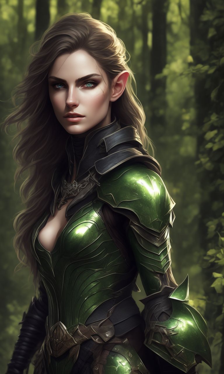 Green eyes, intense gaze, black armor with green details, Elf ears, in action, striking a pose, surrounded by vines, Forest background, stunning fullbody d&d character art, A female wood elf hunter wearing leather armor, fighting a goblin, fullbody view, wears very look good outfit, standing, Detailed face, beautiful eyes and hair, flawless bright skin, soft makeup and draw thin eyebrows, Human-like eyes, good anatomy, Perfect white balance, Sun lighting, rim lighting uhd, (art by norman rockwell), smooth crisp line quality, Dappled sunlight, Glittering, Magic, Gritty