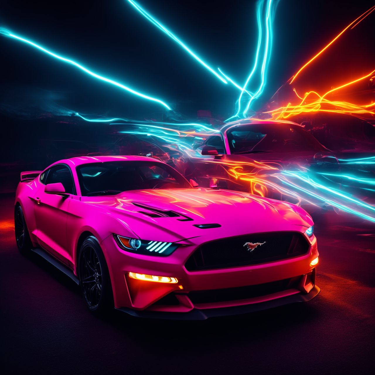 ford mustang, neon mesmerizing chaos, dynamic composition and dramatic lighting, Neon