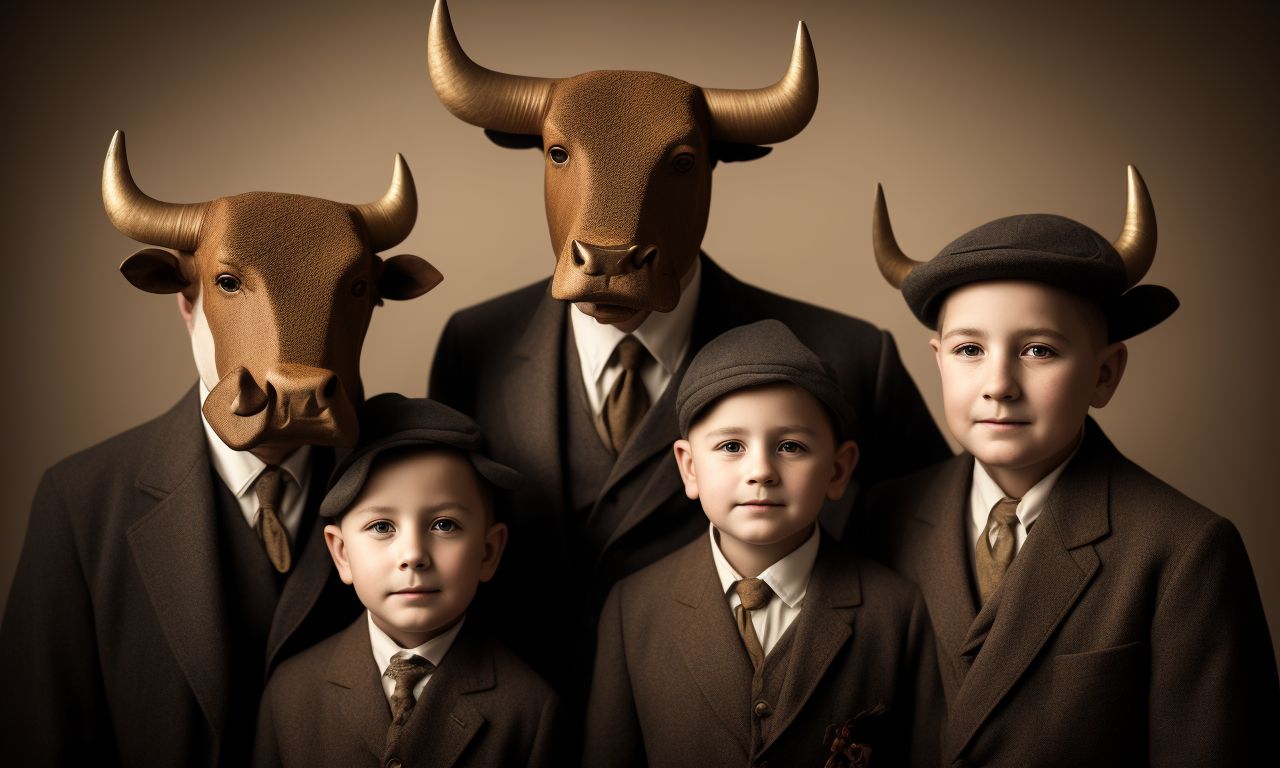 splendid-fly680: people wearing bull head masks, old family photography, a  middle aged man as a british military, a middle aged woman in a dress, a  young boy in common boy clothes