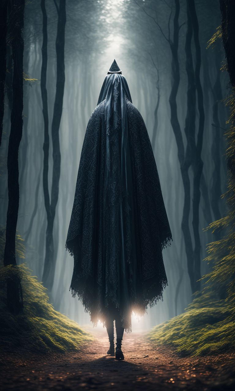 A lonely wizard walking in a forest on a close night, Realistic, magician, Portrait, finely detailed mage's cloak, intricate design, Silver, silk, Cinematic lighting, straight, 8k, fullbody
