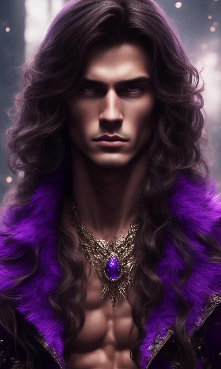 DanteHaiwindo: Male, muscular, long hair, long brown hair, purple eyes ...