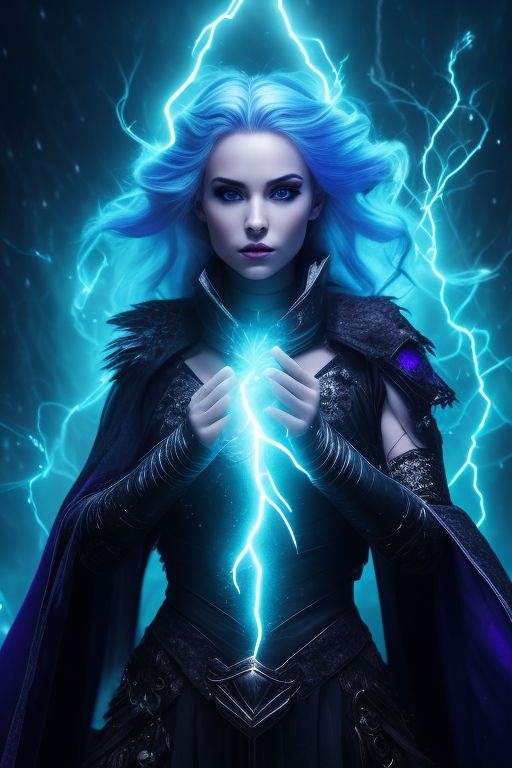 a female warlock with a beautiful face and white hair and glowing blue eyes is casting a lightning spell. She wears tattered leather clothing. She is battling, fighting for her life. She is showcasing her magical abilities by casting a lightning spell. The lightning is purple. Lightning Magic arcs between her hands. She stands in an underground cavern. In the background is a crystal cave. She has magical elemental powers represented by lightning arcs. She should have an enchanting presence, exuding an aura of confidence and mysticism. , white hair, Sharp focus, Studio photo, Full body portrait, Magic, Fantasy, Trending on Artstation, Intricate details, Highly detailed, Enchanting, Realistic, High resolution