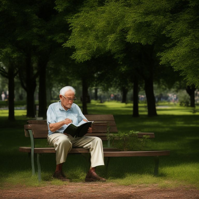 moral-turtle525: Old man with reading glasses sitting on a bench in a ...