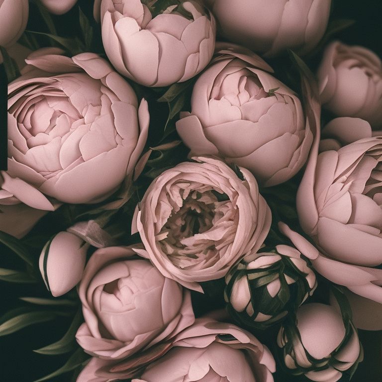Extreme close-up, Dark academia aesthetic, Intricately detailed, Dark Academia Aesthetic Floral, Soft photo of peonies and rose flowers, intrincately detailed, dark background, dim light, very beautiful, 8K, leaves, gold, soft look, dreamy, Bouquet of flowers, High resolution, Dark academia, On a dark background