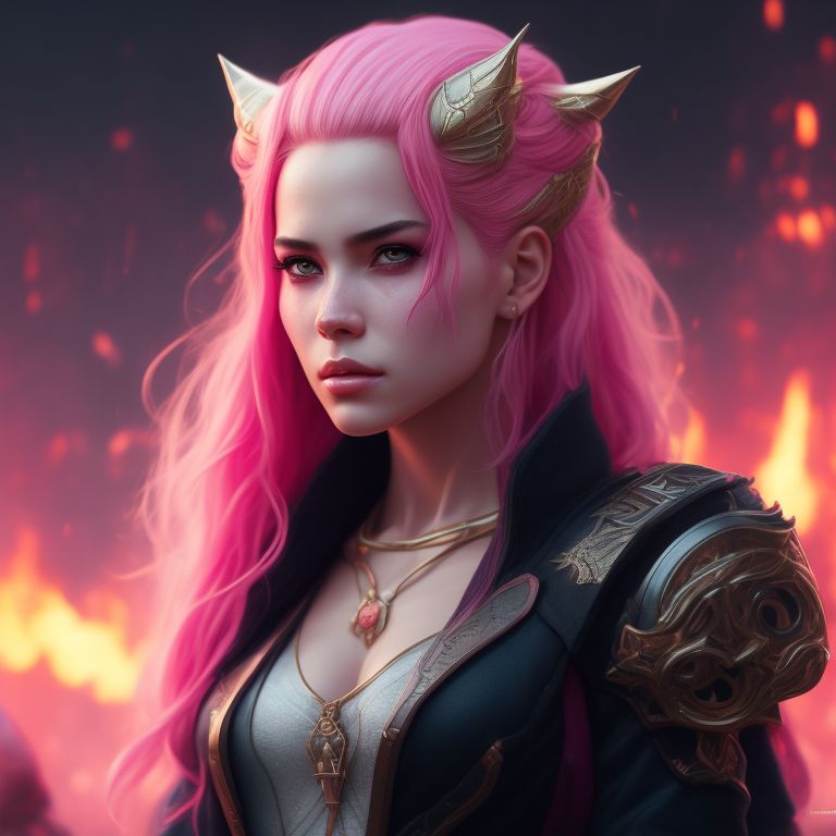 Pink skin pink hair wizard with small horns cute, all female, standing in a line against a fiery backdrop, Powerful, Strong, bold, Highly detailed, Digital painting, Artstation, Sharp focus, Illustration, art by artgerm and greg rutkowski and magali villeneuve and alex ross.