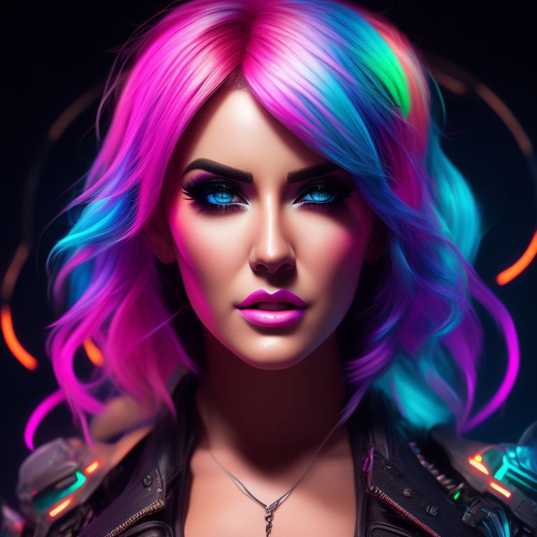 Jessica Nigri Face
, cosplay queen, with colorful hair and makeup, Highly detailed, Digital painting, Artstation, Sharp focus, Art by artgerm and greg rutkowski, glowing neon lights, cyberpunk style.