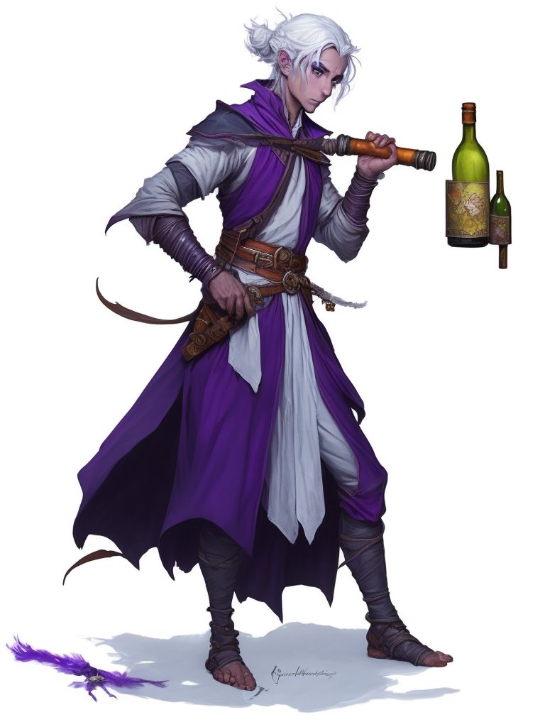 Dilok: a drow monk with purple skin holding a bottle of wine