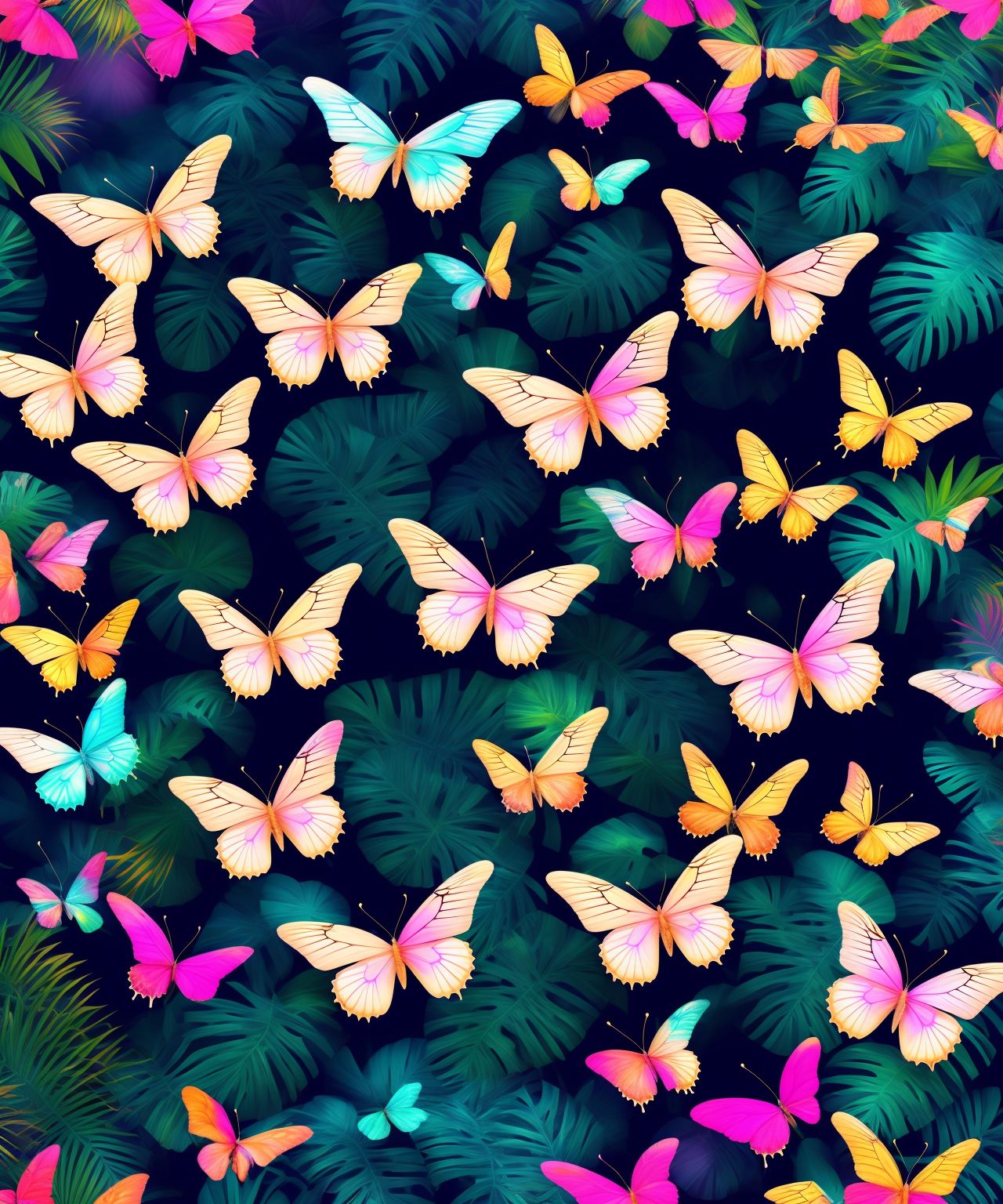 A realistic lush green tropical forest with endless amounts of pink, gold, blue, white and orange butterflies, Blue, Pink, White