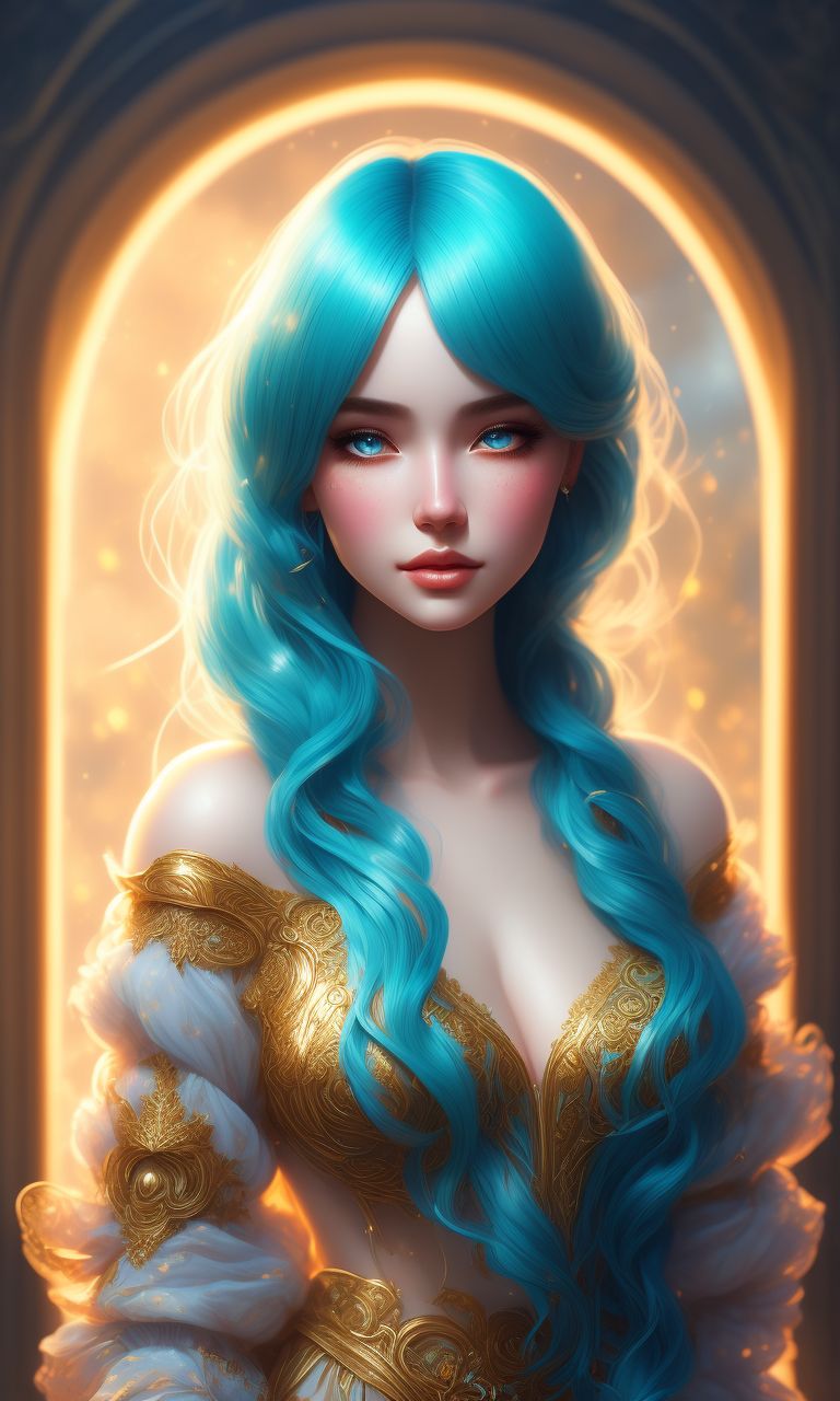 merry-cod504: etheral girl vibrant saturated sky blue hair with full body  dressed fabric and green eyes