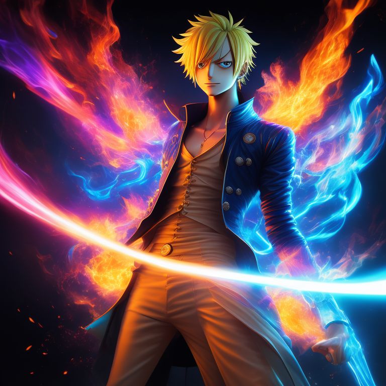 flaky-bison646: Sanji from One piece using ifrit jambe blue fire kicks