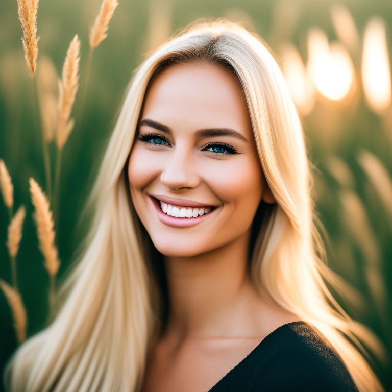 Fedoraxsa: a woman with long blonde hair smiling in a field of tall ...